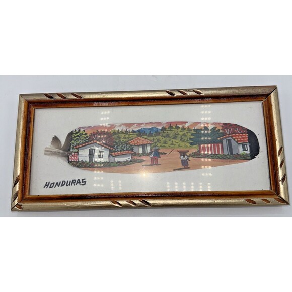 Handpainted & Framed Feather Art Honduras Village Scene Wall Hanger 10.75" X 5" - Picture 9 of 10